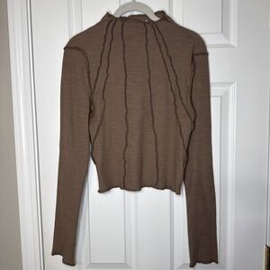 Women's New In Ribbed Long Sleeve Top Mocha Brown Taupe Size L Soft Stretch